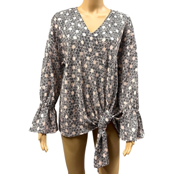 Y2K Juicy Couture Pink Black Blossom Rain Tie Front V Neck Top Blouse Medium - Picture 1 of 11